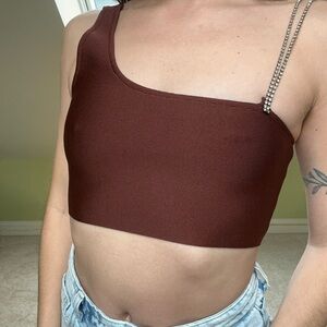 Brown stretchy crop top with rhinestone strap
